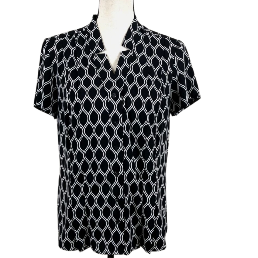 212 Collection Black & White Geometric Print Pleaded V-Neck Women's Top Size XL